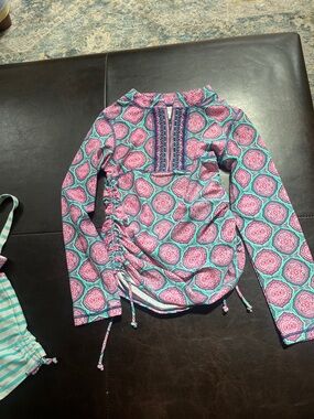 Cabana Life Pink & Teal Girls' Three-Piece Swim Set with Rash Guard